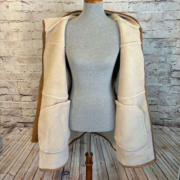 Michael Kors Faux Fur Shearling Suede Longline Hooded Jacket Full Zip Tan Gold - Picture 5 of 10